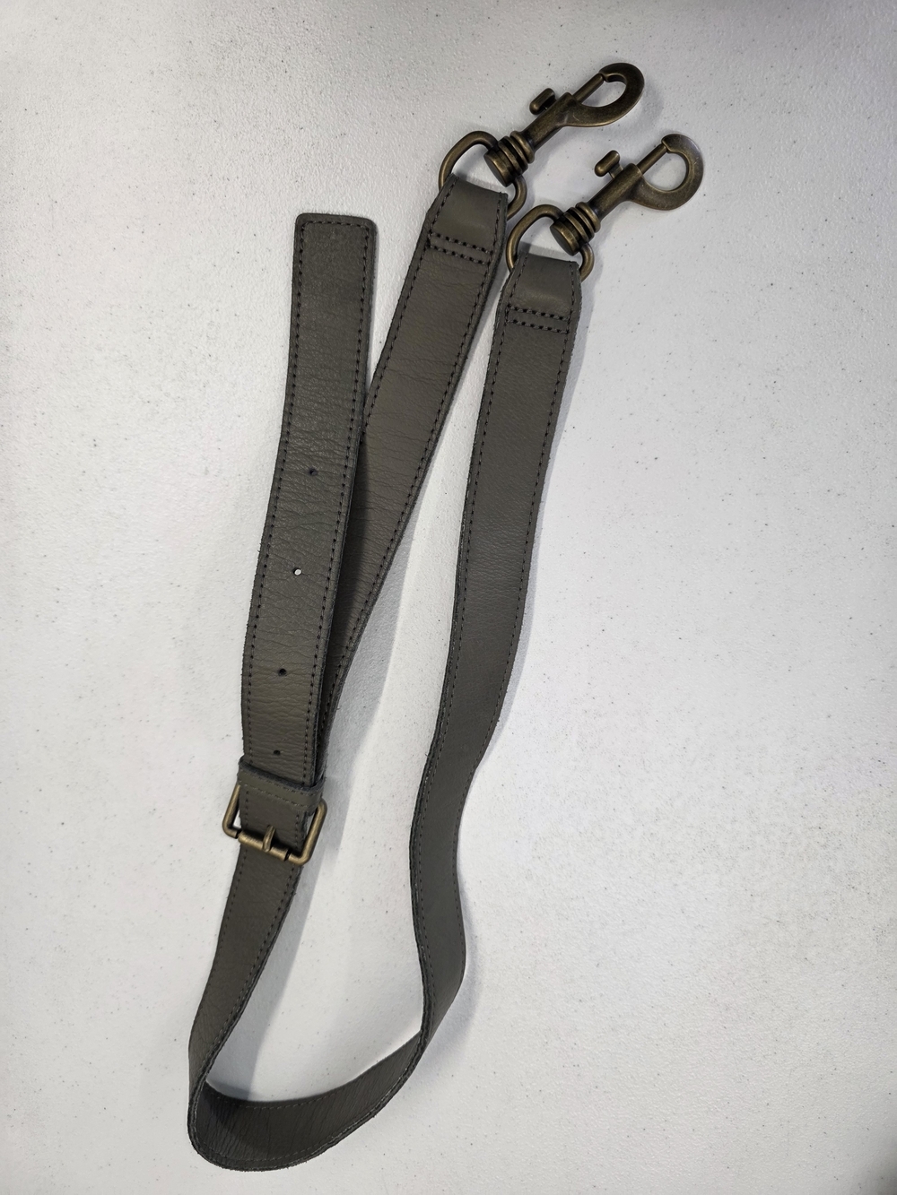 Adjustable Gray Leather Bag Strap with Antique Brass Hardware